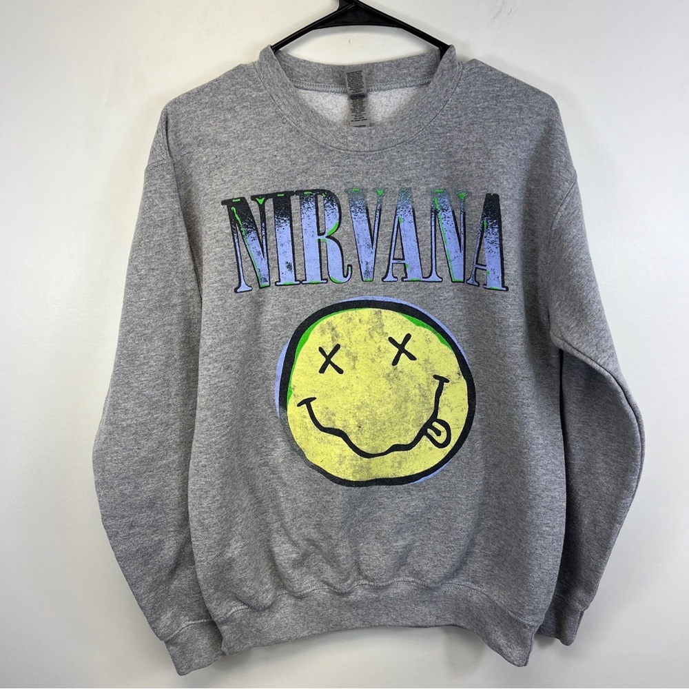 NIRVANA Smiley Face Graphic Print Sweatshirt Gray Small Retro Reprint Faded Logo